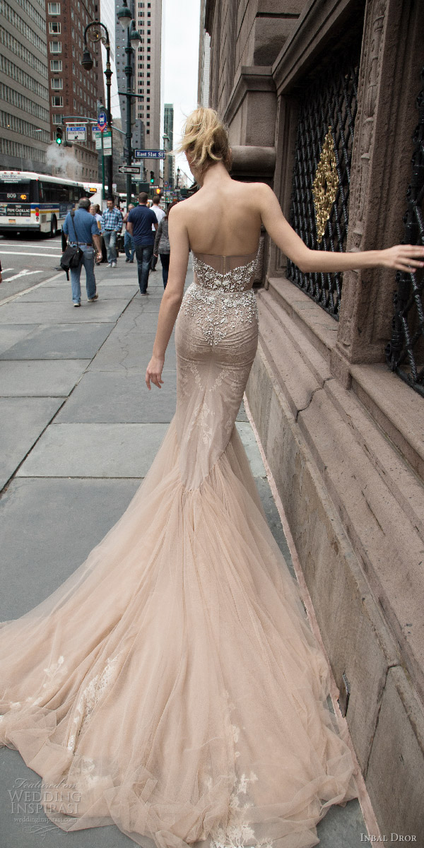 inbal dror 2016 strapless sweetheart fit flare mermaid wedding dress taupe color train style 05 bkv  