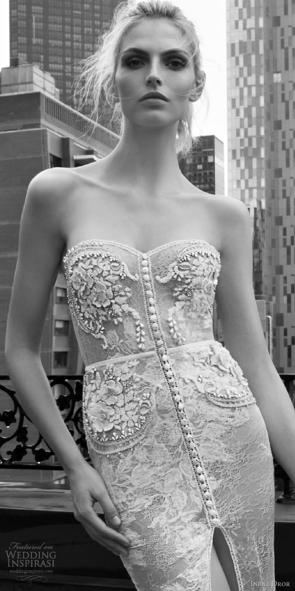 inbal dror 2016 strapless sweetheart sheath lace wedding dress embellished bodice button slit skirt train style 01 