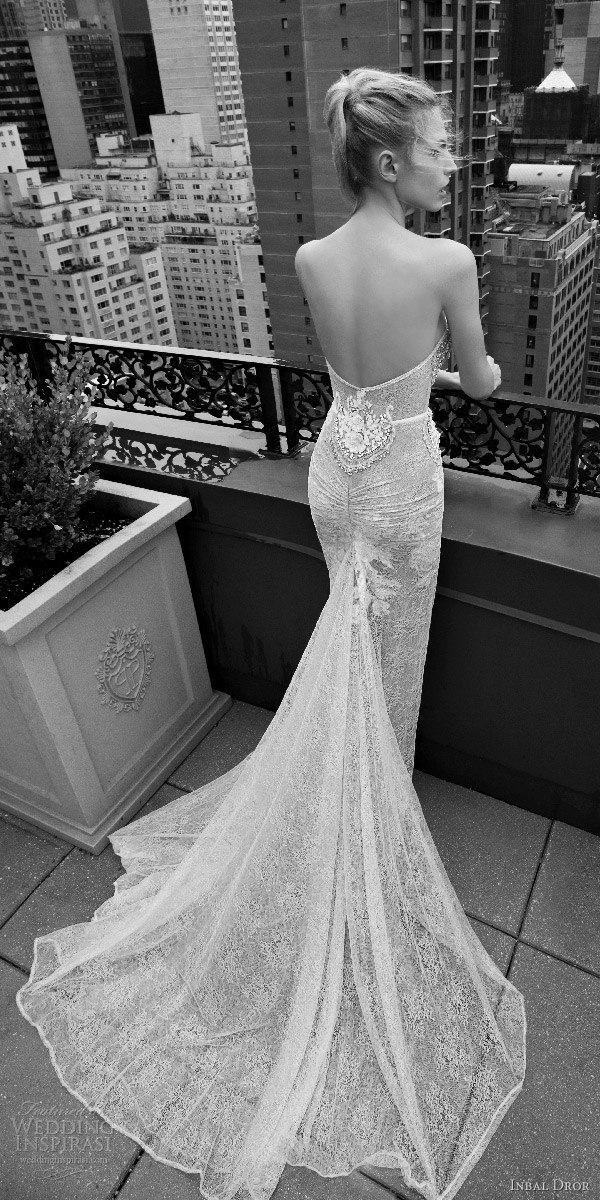 inbal dror 2016 strapless sweetheart sheath lace wedding dress embellished bodice button slit skirt train style 01 bkv