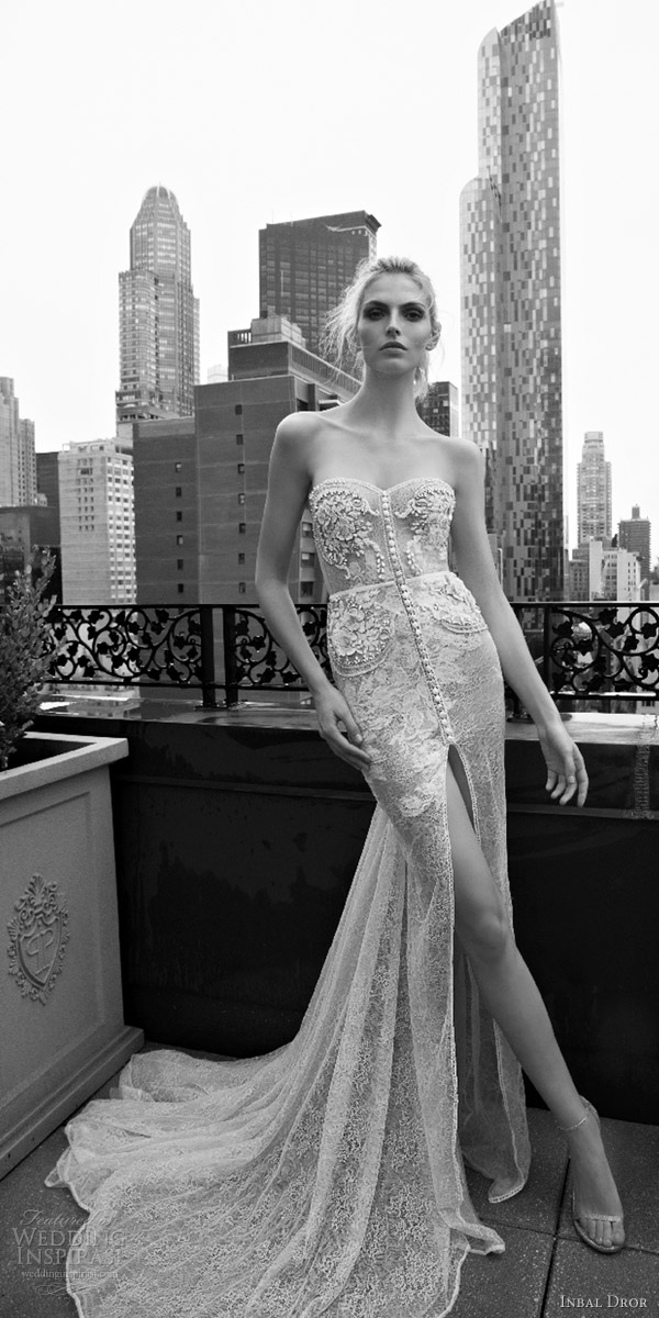 inbal dror 2016 strapless sweetheart sheath lace wedding dress embellished bodice button slit skirt train style 01 mv