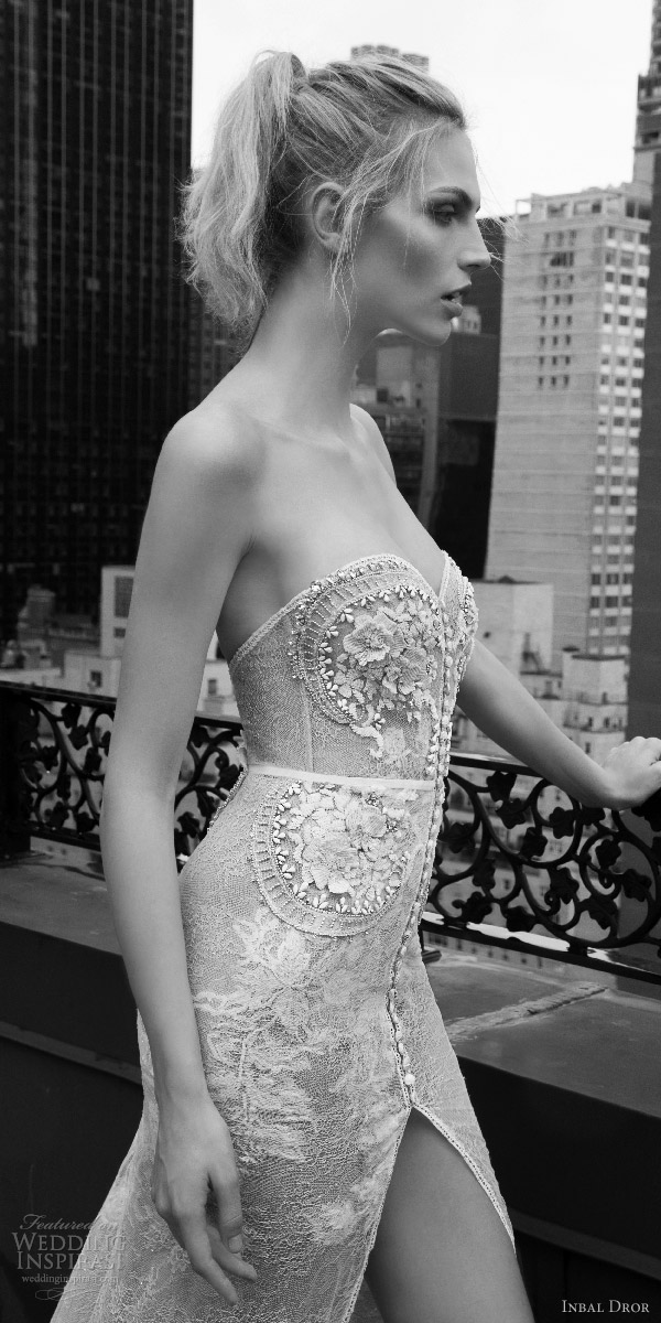 inbal dror 2016 strapless sweetheart sheath lace wedding dress embellished bodice button slit skirt train style 01 sdv