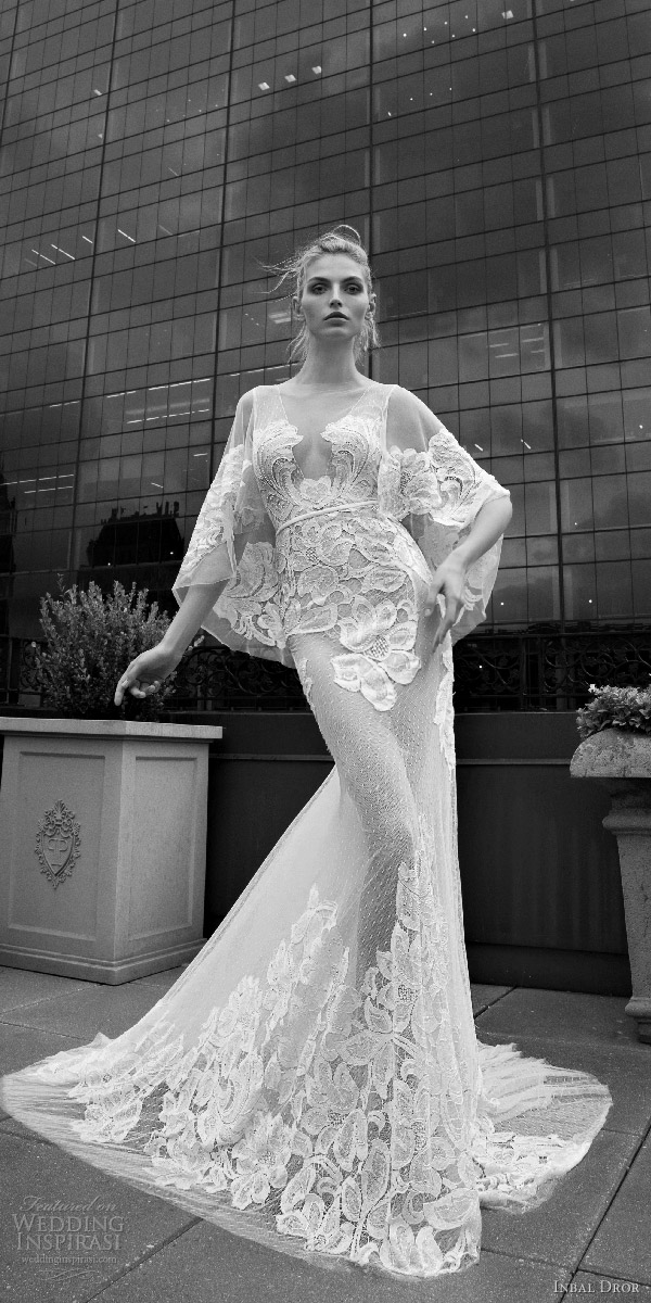 inbal dror 2016 v neck flutter sleeve trumpet sheath lace wedding dress sheer skirt style 12 