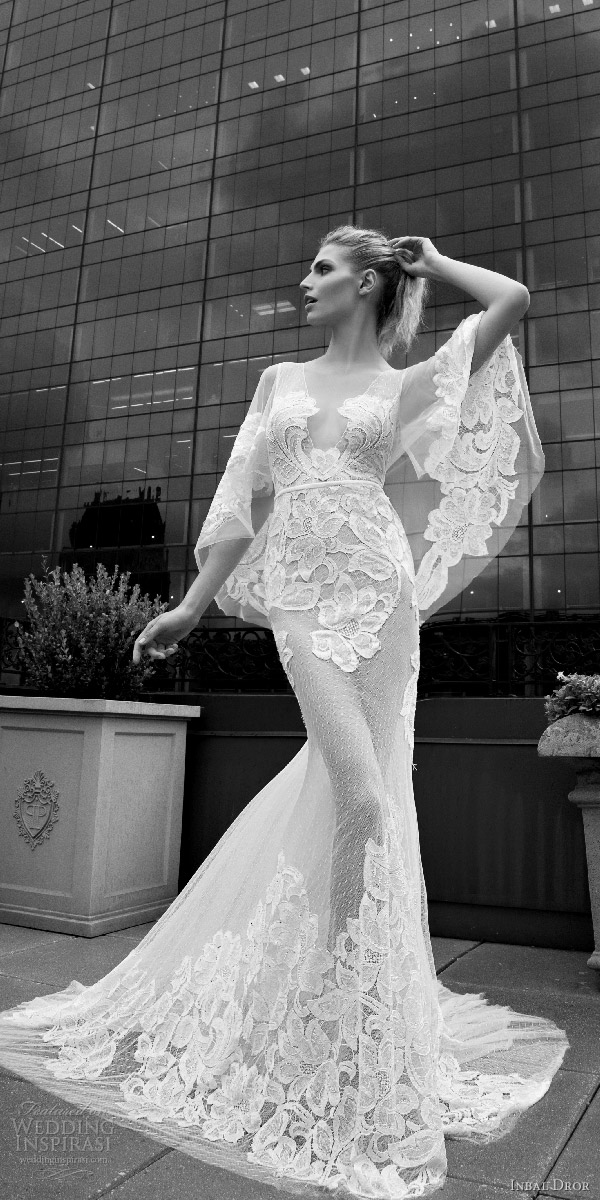 inbal dror 2016 v neck flutter sleeve trumpet sheath lace wedding dress sheer skirt style 12 mv