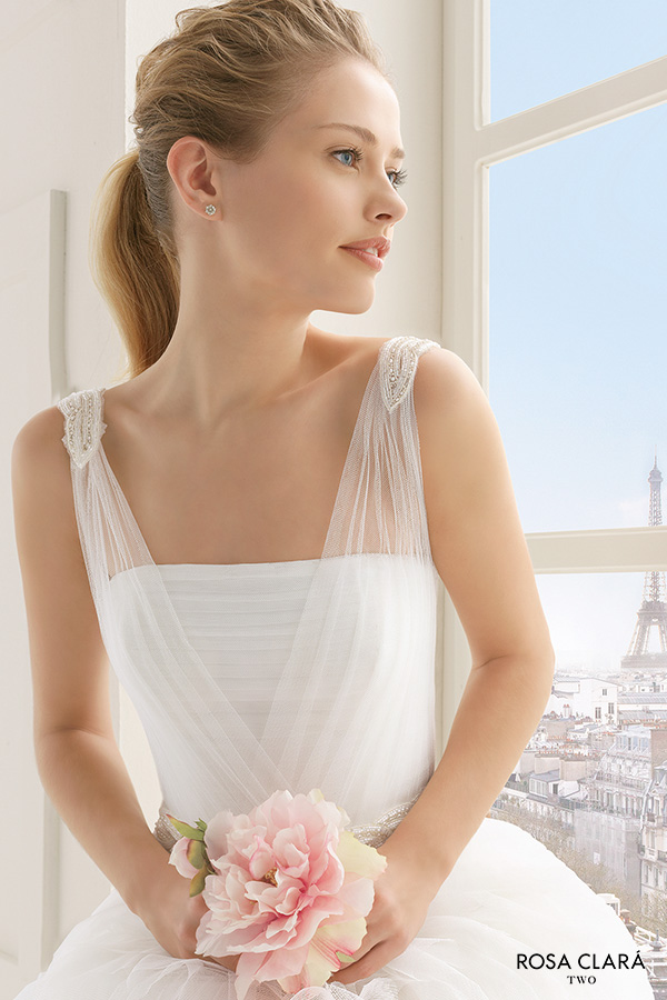 rosa clara two spring 2016 sleeveless sheer strap straight across neckline tulle layered romantic a line wedding dress sweep train (ecuador) zv