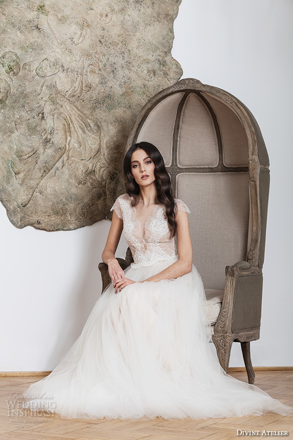 divine atelier 2016 bridal gowns cap sleeves deep v neckline lace bodice tulle skirt romantic a line wedding dress v back brush train (melissa) mv