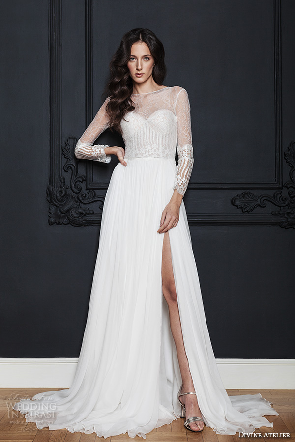 divine atelier 2016 bridal gowns illusion long sleeves sheer bateau sweetheart bustier neckline lace bodice sexy a line wedding dress with split v back sweep train (noel) mv