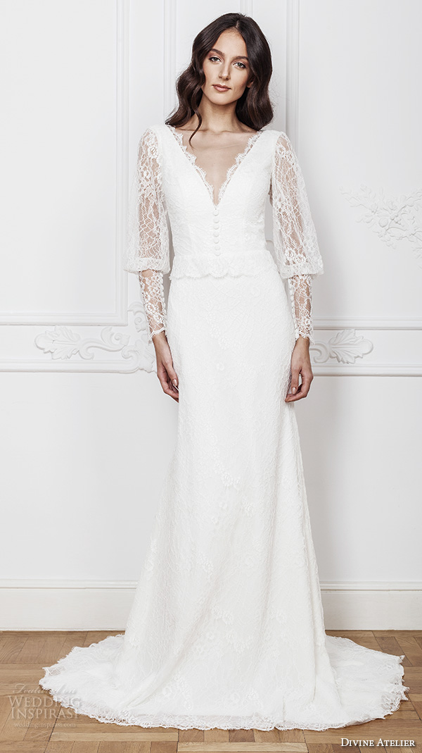 divine atelier 2016 bridal gowns long bishop sleeves v neck button lace top vintage bohemian modified a line wedding dress keyhole back sweep train (kendra) mv  