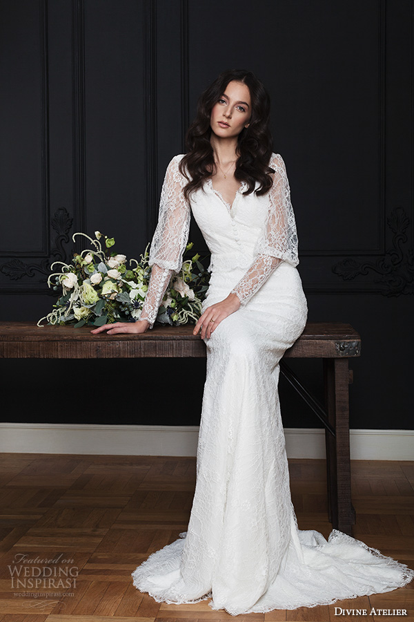 divine atelier 2016 bridal gowns long bishop sleeves v neck button lace top vintage bohemian modified a line wedding dress keyhole back sweep train (kendra) mv