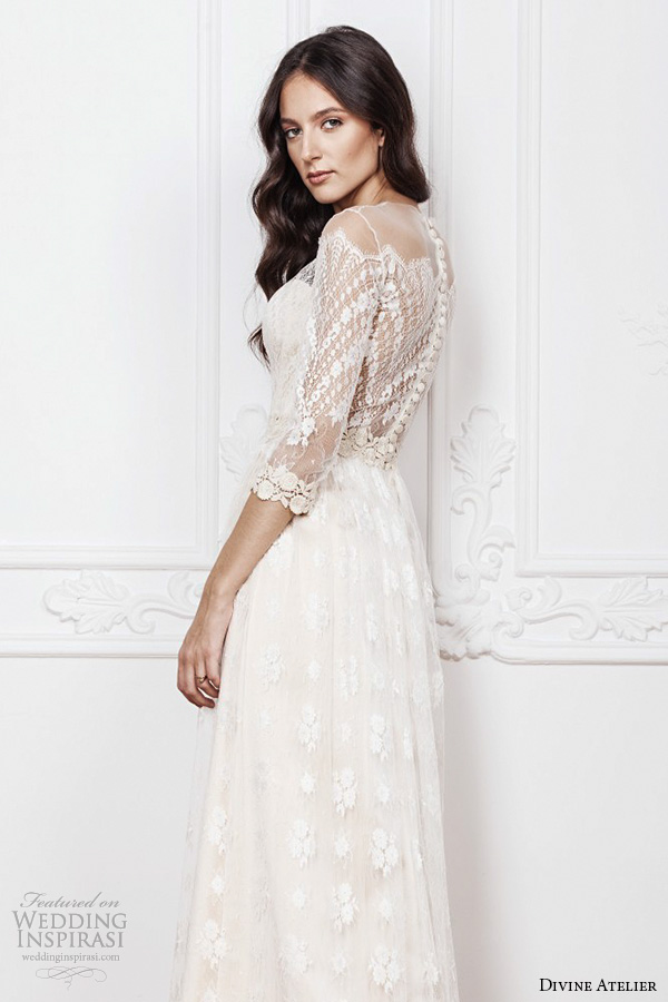 divine atelier 2016 bridal gowns scalloped sheer off the shoulder plunging sweetheart neckline 3 quarter sleeves fully embellished bohemian lace sheath wedding dress sheer back (aimee) sv