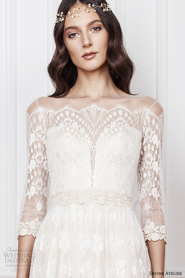 divine atelier 2016 bridal gowns scalloped sheer off the shoulder plunging sweetheart neckline 3 quarter sleeves fully embellished bohemian lace sheath wedding dress sheer back (aimee) zv