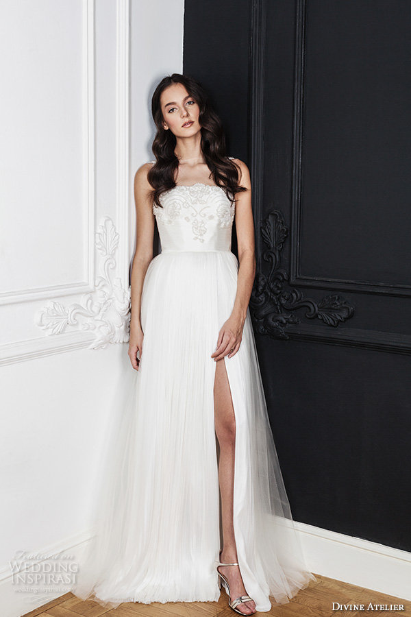 divine atelier 2016 bridal gowns sleeveless illusion bateau straight across neckline beaded bodice a line wedding dress with split v back (enya) mv