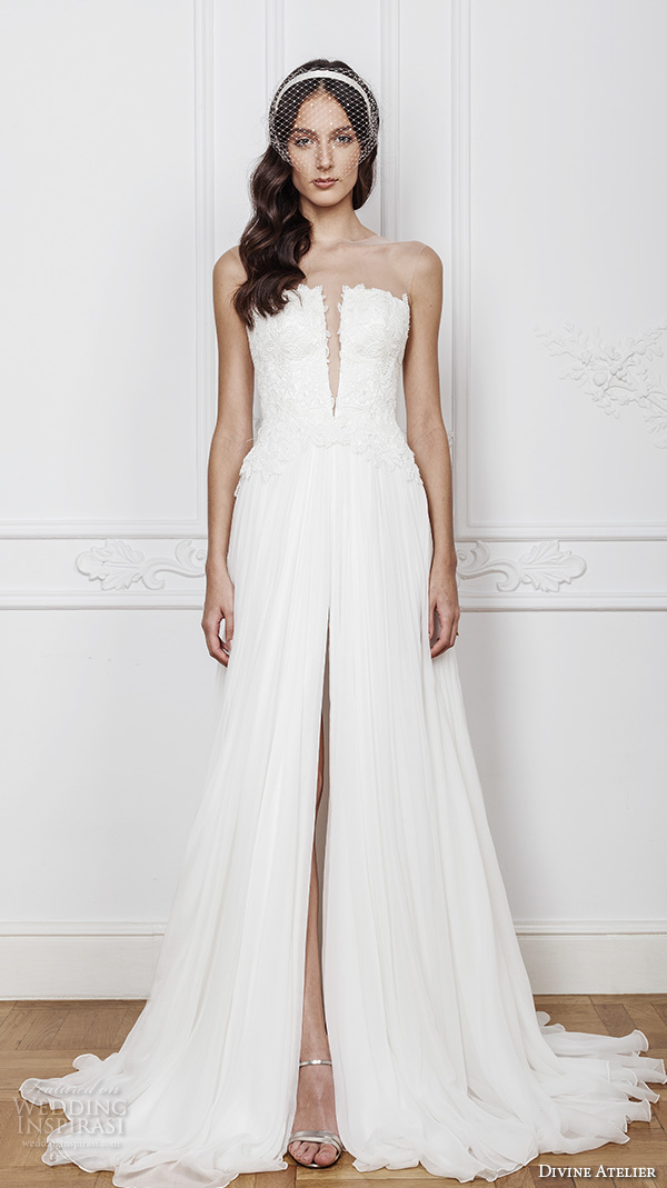 divine atelier 2016 bridal gowns strapless straight across neckline with slit lace bodice sexy romantic a line wedding dress with middle split sweep train (karen) mv