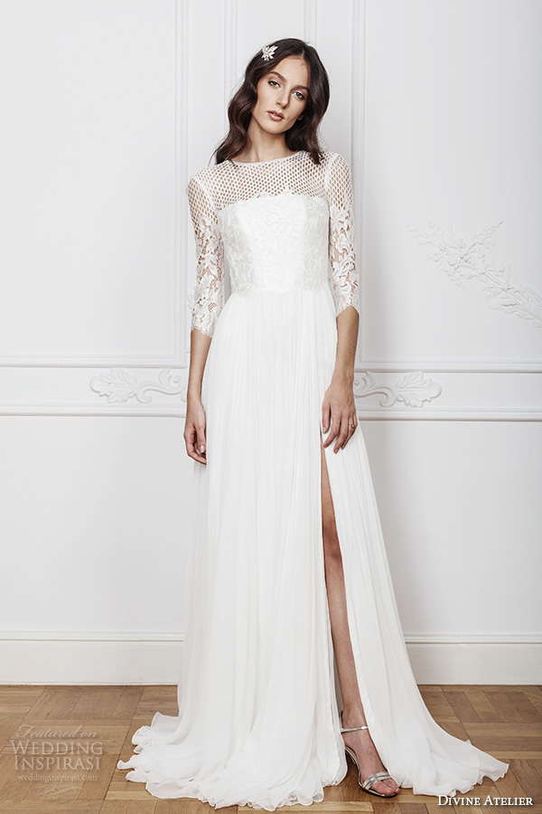 divine atelier 2016 bridal gowns three quarter sleeves illusion jewel straight across neckline embellished bodice modern a line wedding dress with split v back brush train (amal) mv