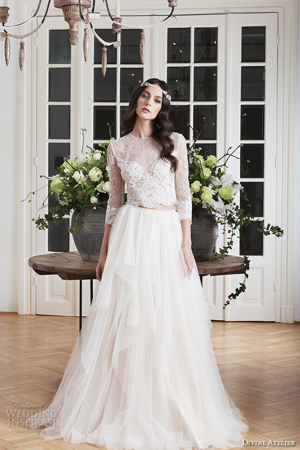 divine atelier 2016 bridal gowns three quarter sleeves illusion jewel sweetheart neckline lace crop top bohemian  tulle a line wedding dress illusion back brush train (ema) mv