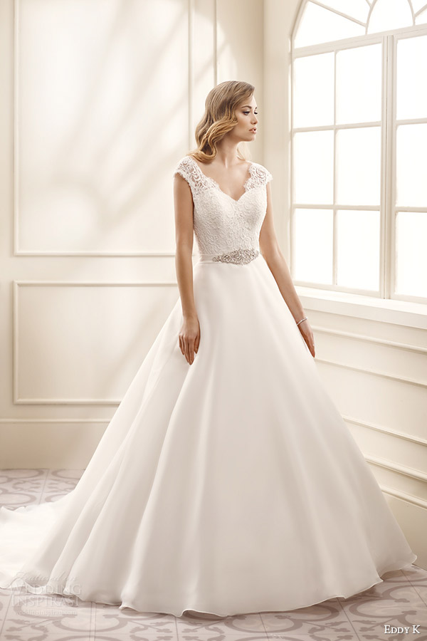 eddy k bridal 2016 cap sleeves sweetheart lace bodice a line wedding dress (ek1064) mv romantic classic