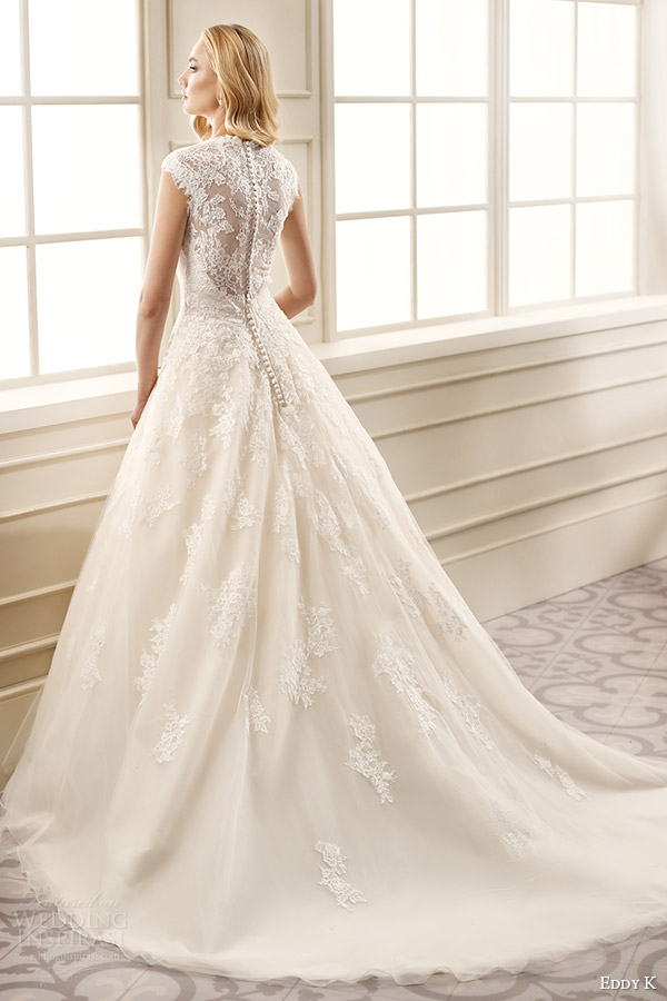 eddy k bridal 2016 cap sleeves thick straps lace bodice a line wedding dress (ek1069) bv medium train romantic