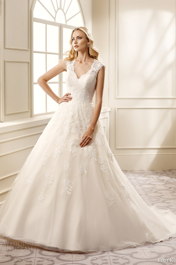 eddy k bridal 2016 cap sleeves thick straps lace bodice a line wedding dress (ek1069) mv romantic