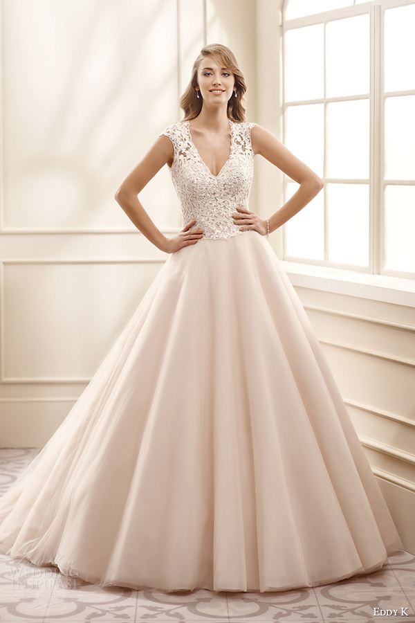 eddy k bridal 2016 cap sleeves v neck lace bodice ball gown wedding dress (ek1076) mv champagne color romantic