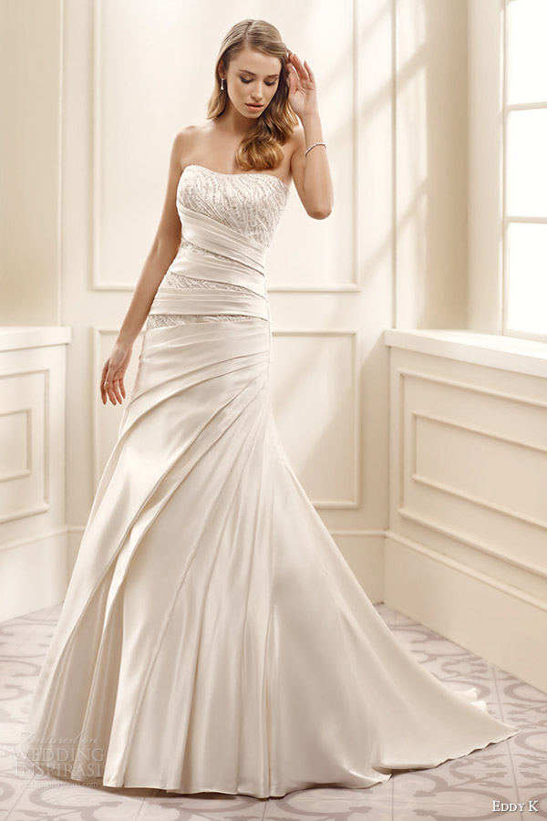 eddy k bridal 2016 strapless semi sweetheart beaded bodice trumpet satin wedding dress (ek1073) mv