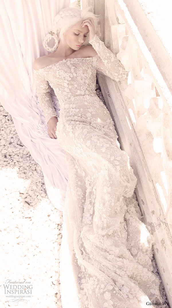 george wu 2016 bridal gowns long sleeves off the shoulder neckline fully embellished lace elegant romantic sheath wedding dress (saffira) mv