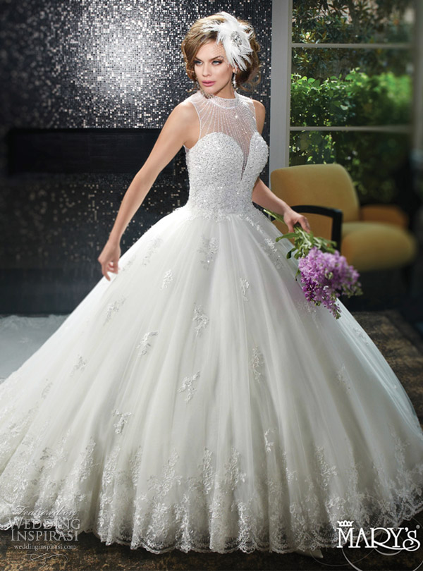 mary's bridal spring 2016 sweetheart illusion high neck sleeveless ball gown wedding dress (6404) heavily beaded bodice keyhole corset back royal train detachable romantic mv