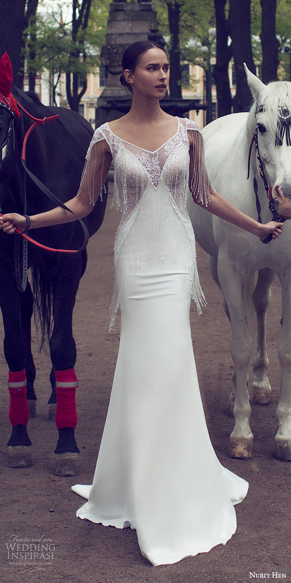 nurit hen 2016 bridal cap sleeve sweetheart neckline illusion vneck sheath fringe beaded bodice wedding dress sexy (04) fv