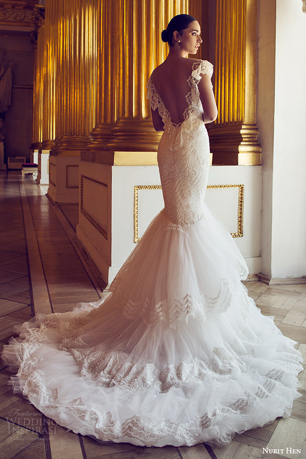 nurit hen 2016 bridal flutter sleeves split sweetheart neckline mermaid lace wedding dress (06) romantic bv medium train