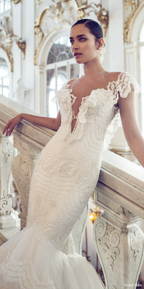 nurit hen 2016 bridal flutter sleeves split sweetheart neckline mermaid lace wedding dress (06) romantic zv