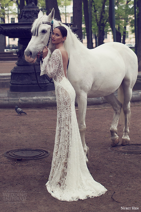 nurit hen 2016 bridal illusion long sleeves bell split sweetheart sheath wedding dress (08) elegant bv open back