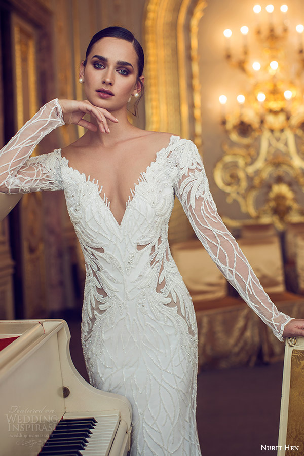 nurit hen 2016 bridal illusion long sleeves deep v neck sheat wedding dress (13) elegant mv