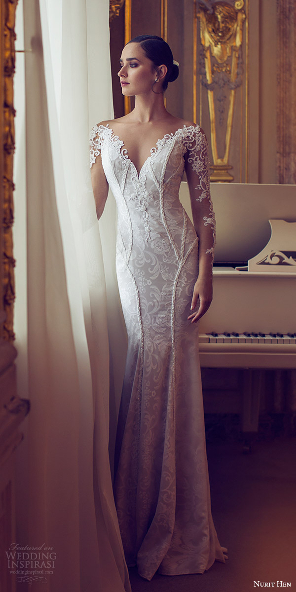 nurit hen 2016 bridal illusion long sleeves off shoulder sweetheart sheath wedding dress (11) elegant mv