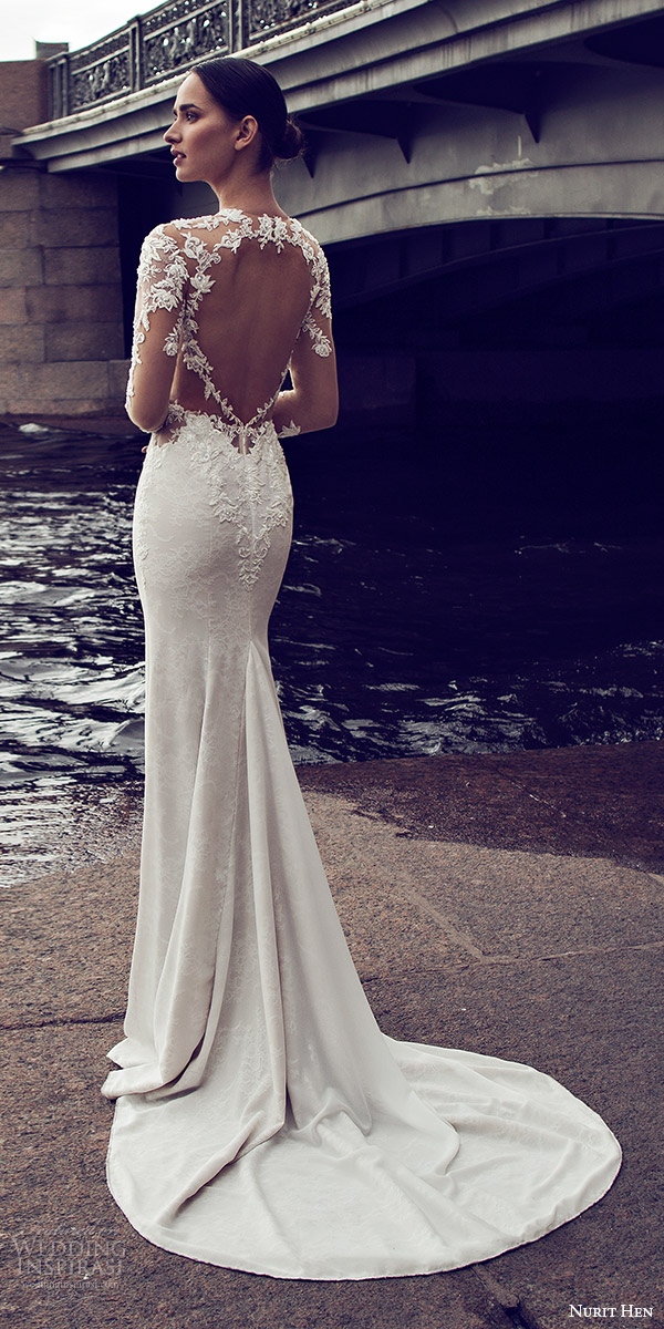 nurit hen 2016 bridal illusion long sleeves split sweetheart illusion bodice sheath wedding dress (07) mv sexy keyhole back medium train