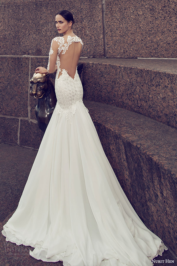 nurit hen 2016 bridal illusion long sleeves split sweetheart neckline mermaid embellished bodice sexy glam wedding dress (05) bv illusion back 