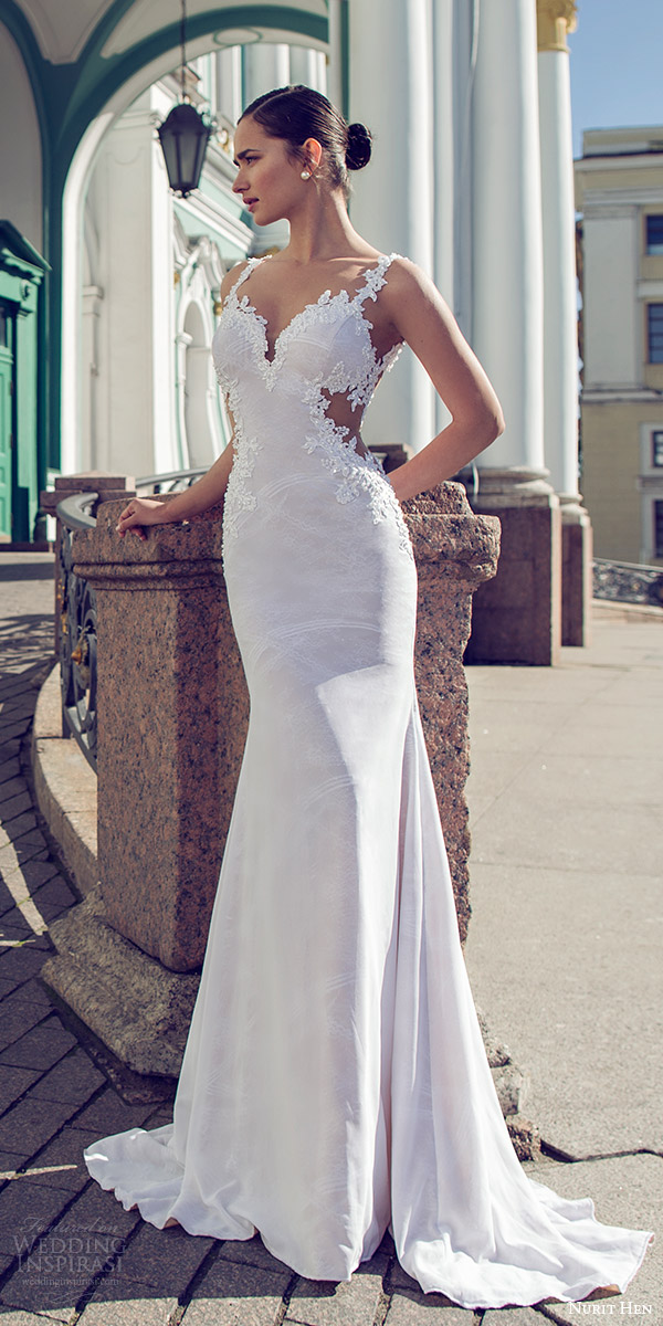 nurit hen 2016 bridal sleeveless sweetheart lace straps sheath wedding dress (02) sexy elegant mv