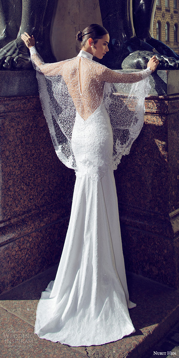 nurit hen 2016 bridal strapless sweetheart lace sheath wedding dress (15) illusion cape bv