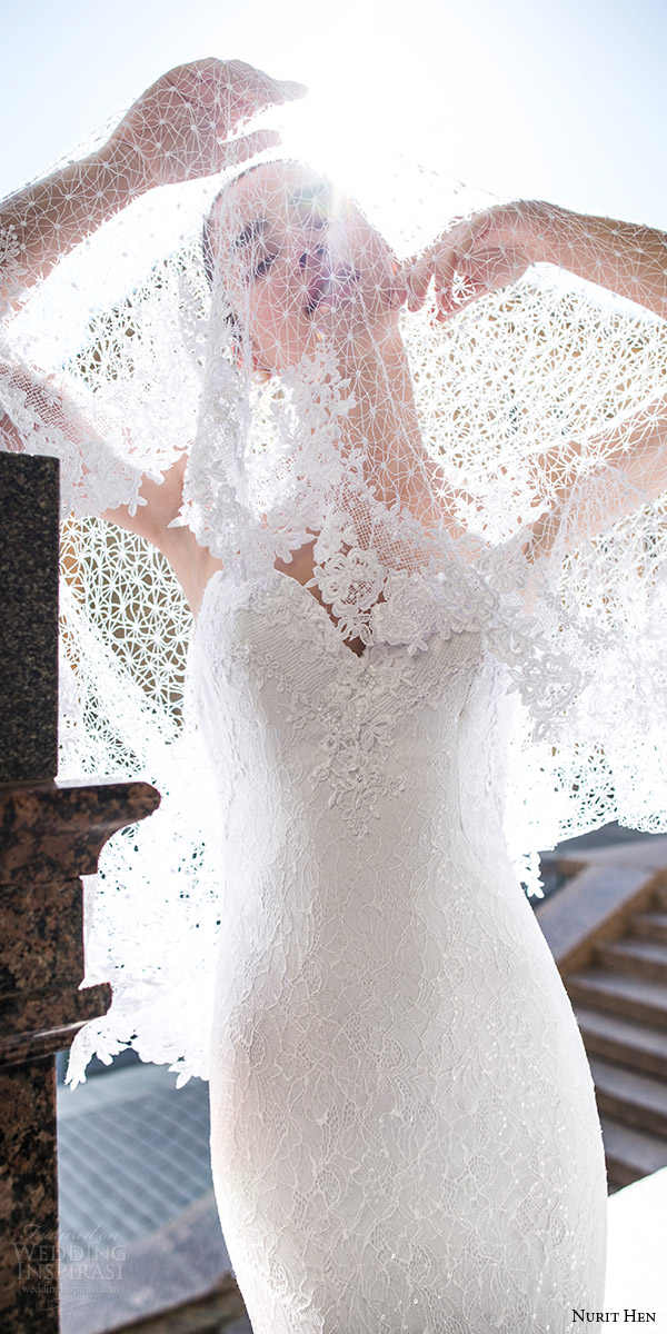nurit hen 2016 bridal strapless sweetheart lace sheath wedding dress (15) illusion cape zv