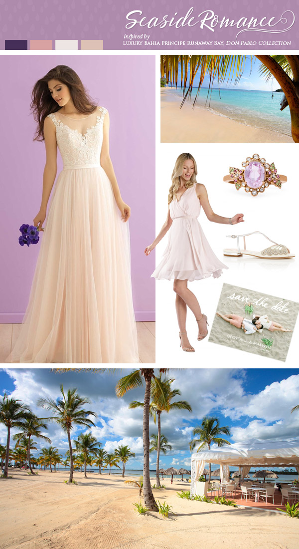 seaside destination wedding inspiration apple vacations luxury bahia principe runaway bay jamaica colors violet blush sand beach