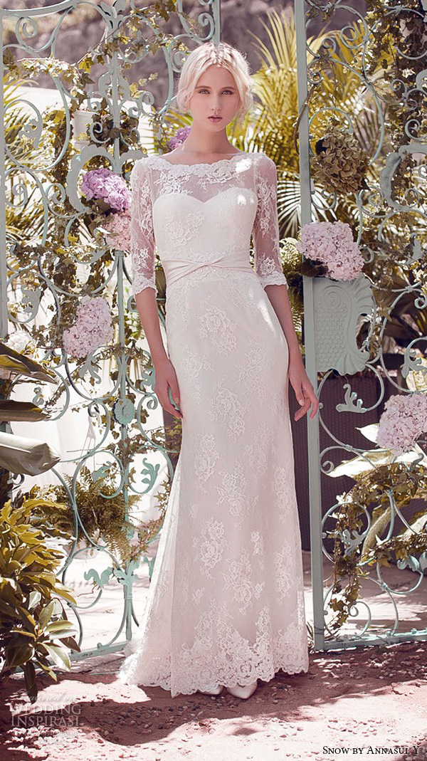 snow by annasul y 2016 bridal gowns half sleeves illusion boat sweetheart neckline lightly embellished lace elegant sheath wedding dress (sa3054b) mv