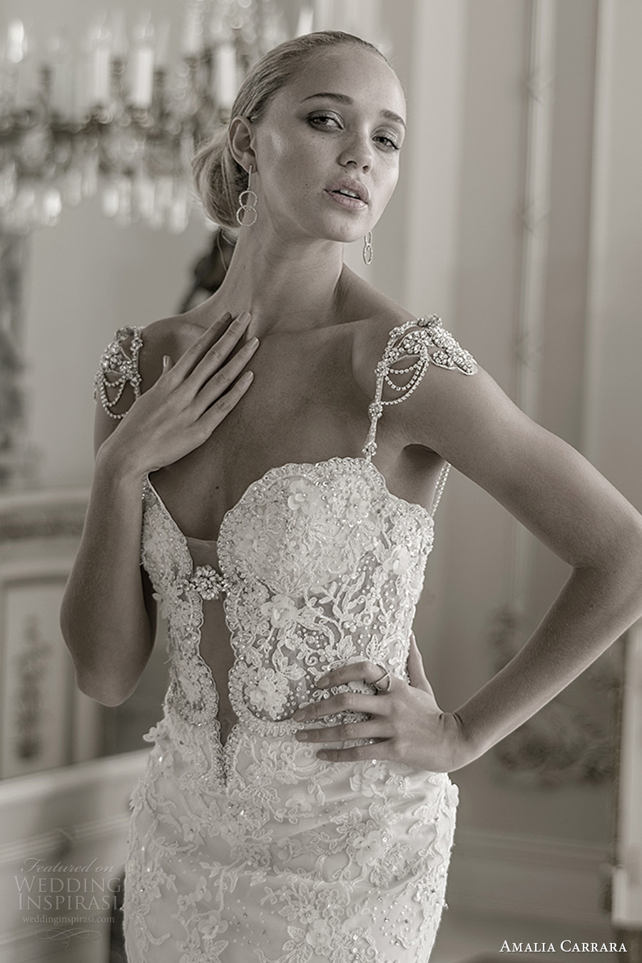amalia carrara spring 2016 bridal cap sleeves embellished straps sweetheart mermaid beaded wedding dress (341) zv