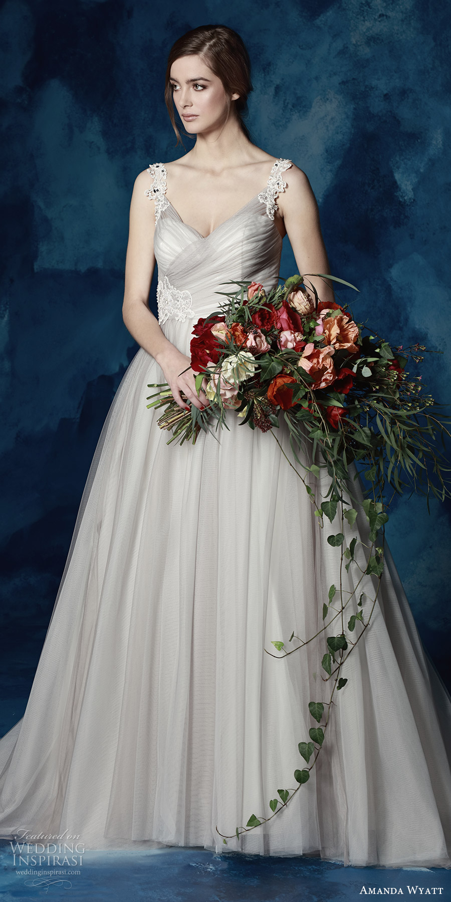 amanda wyatt bridal 2017 sleeveless lace straps vneck ruched surplic bodice a line wedding dress (north) fv  grey color romantic train