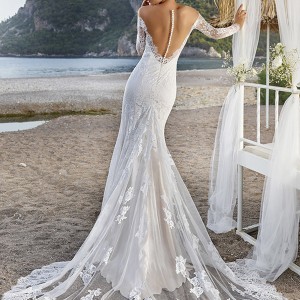 eddy k bridal 2017 long sleeves sweetheart off shoulder lace sheath wedding dress (bali) bv illusion back train elegant