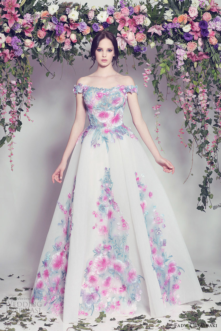 fadwa baalbaki spring 2016 couture off shoulder ball gown multi color floral mv romantic