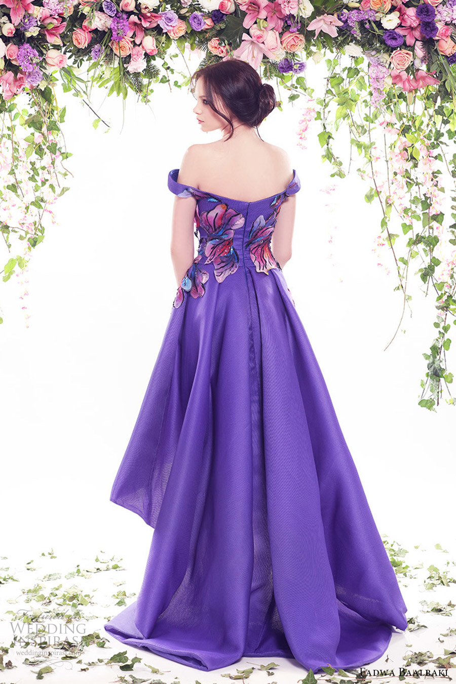 fadwa baalbaki spring 2016 couture off shoulder high low purple color floral evening cocktail dress bv fadwa baalbaki spring 2016 couture off shoulder high low purple color floral evening cocktail dress bv