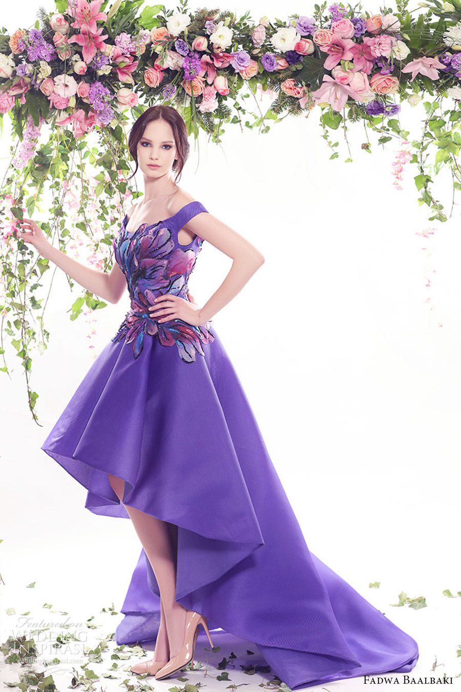 fadwa baalbaki spring 2016 couture off shoulder high low purple color floral evening cocktail dress mv fadwa baalbaki spring 2016 couture off shoulder high low purple color floral evening cocktail dress mv