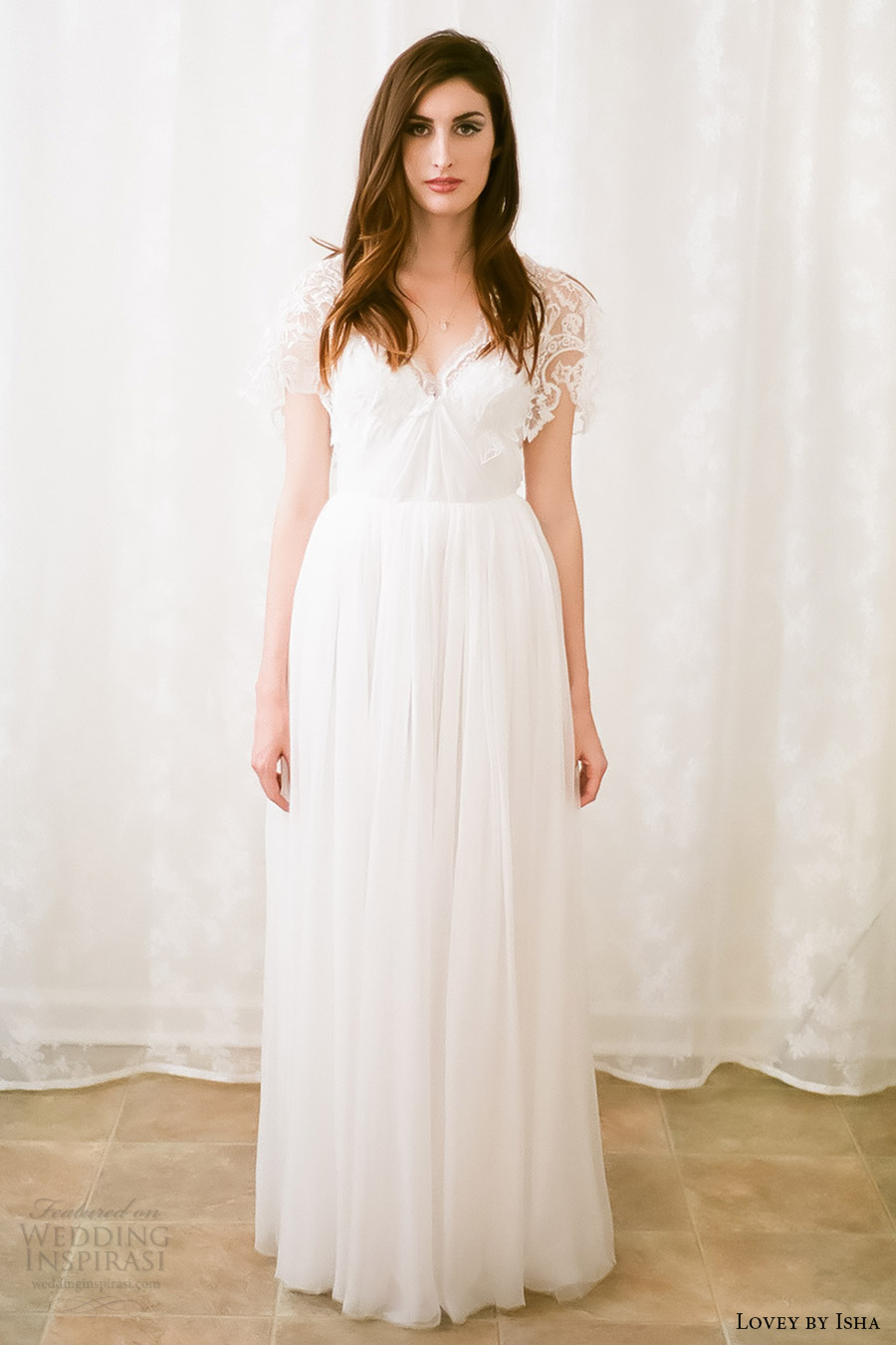 lovey by isha bridal spring 2016 illusion short sleeves vneck column wedding dress (02) mv romantic