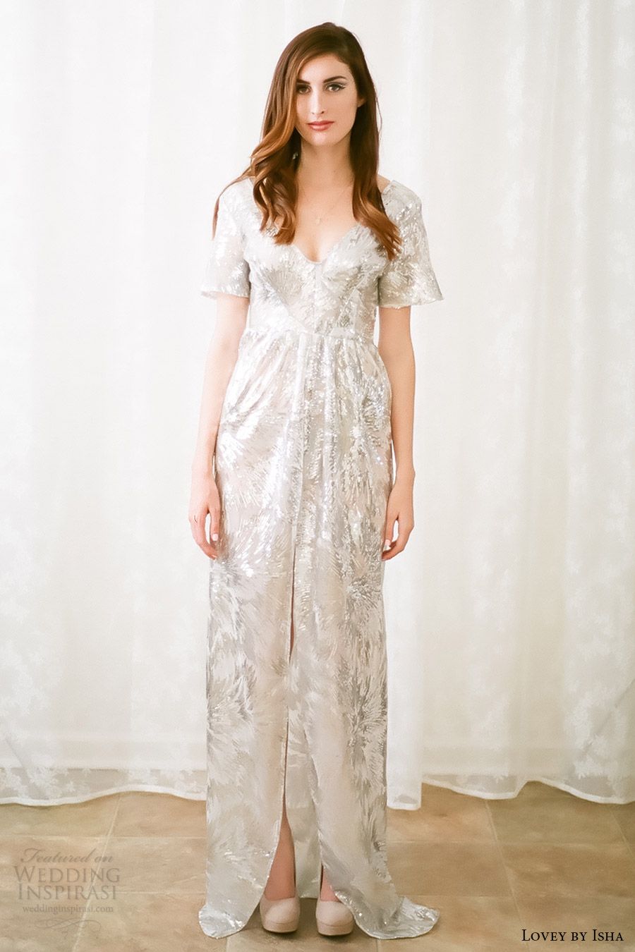 lovey by isha bridal spring 2016 short sleeves v neck sequin column slit skirt wedding dress (09) silver color mv