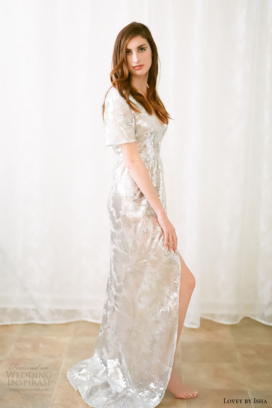 lovey by isha bridal spring 2016 short sleeves v neck sequin column slit skirt wedding dress (09) silver color sv
