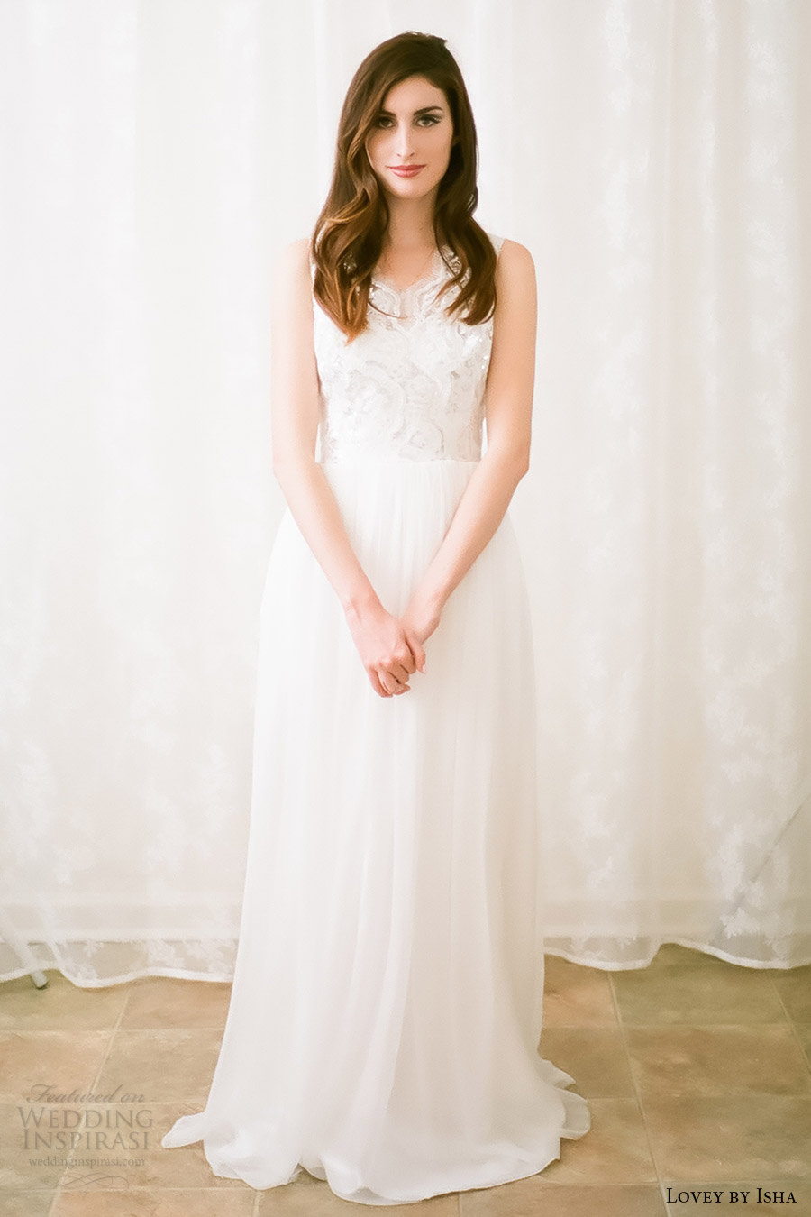 lovey by isha bridal spring 2016 sleeveless vneck sequin lace bodice a line wedding dress (05) mv romantic