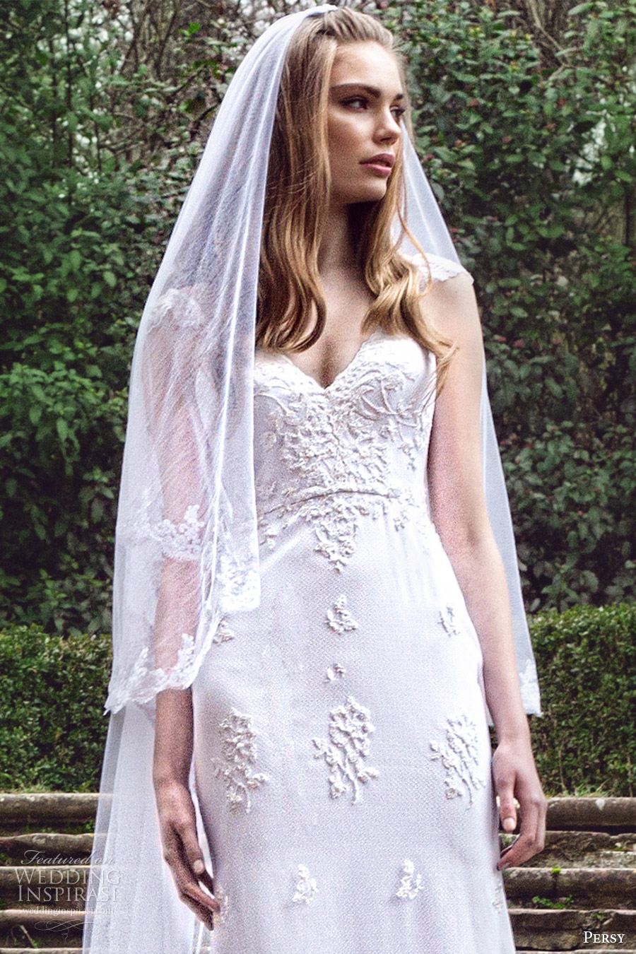 persy 2016 cap sleeves v neck trumpet lace wedding dress (01) zv veil romantic