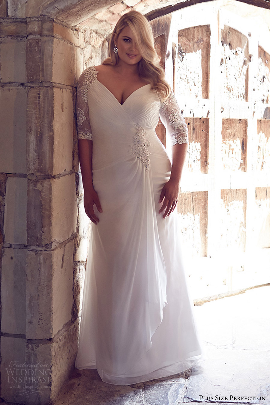 plus size perfection bridal 2016 illusion 3 quarter sleeves vneck draped skirt ruched bodice a line wedding dress (odessa) zv romantic elegant